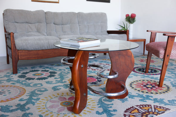 Art Deco Style Chrome, Wood and Glass Coffee Table