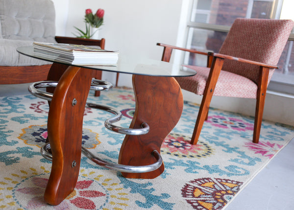 Art Deco Style Chrome, Wood and Glass Coffee Table