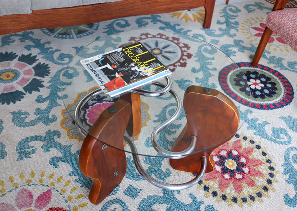 Art Deco Style Chrome, Wood and Glass Coffee Table