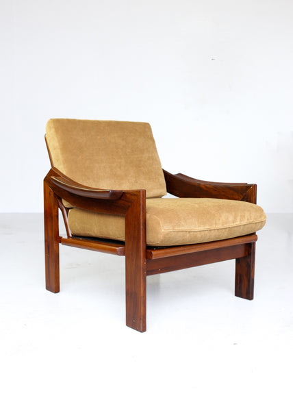 A Pair of Old Gold 1970's Armchairs with Imbuia Frames