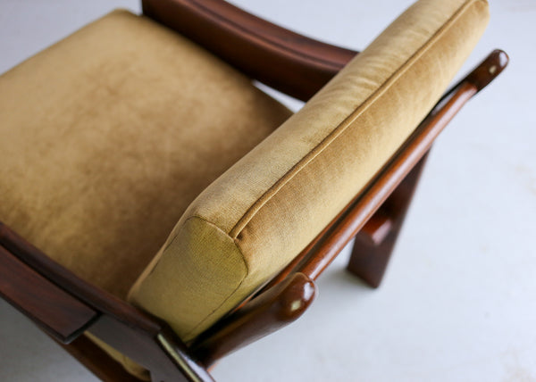 A Pair of Old Gold 1970's Armchairs with Imbuia Frames