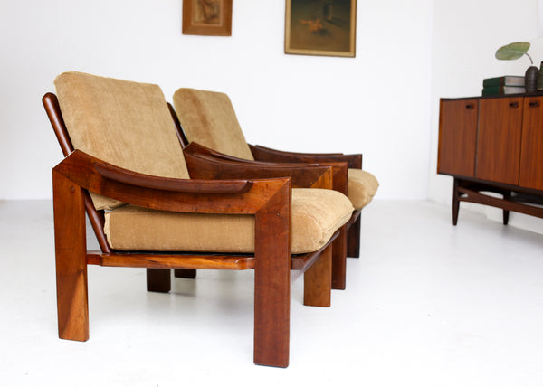 A Pair of Old Gold 1970's Armchairs with Imbuia Frames