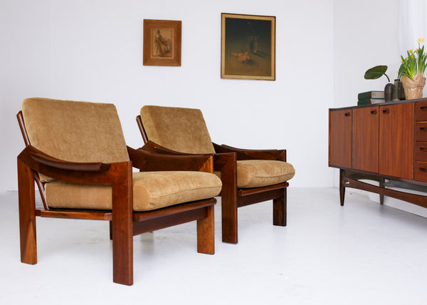 A Pair of Old Gold 1970's Armchairs with Imbuia Frames