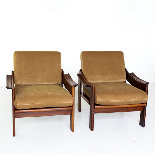 A Pair of Old Gold 1970's Armchairs with Imbuia Frames