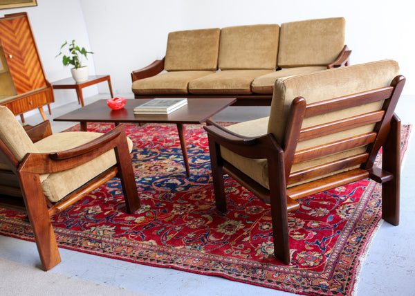 A Pair of Old Gold 1970's Armchairs with Imbuia Frames