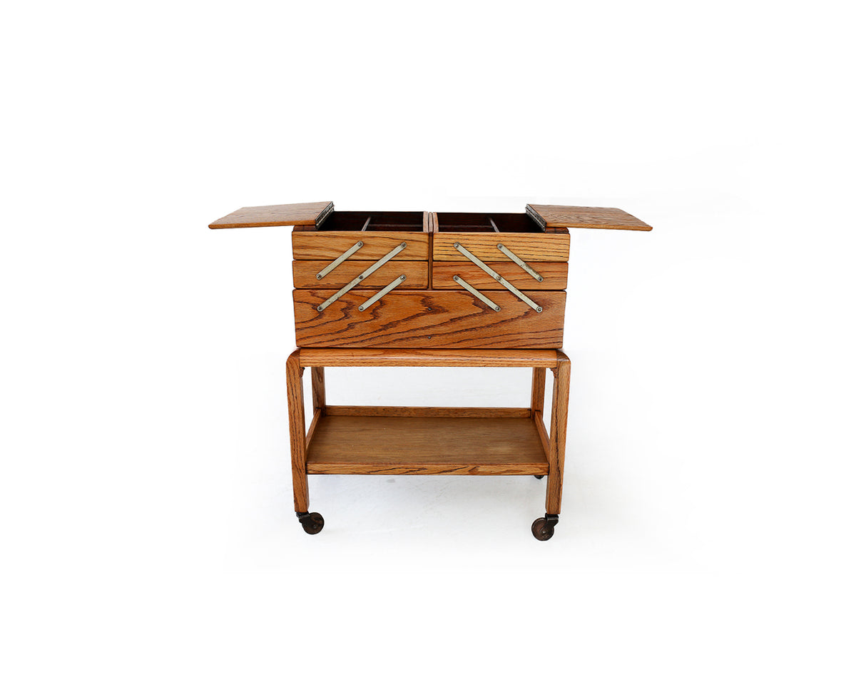 Vintage Oak Sewing Cabinet on Trolley