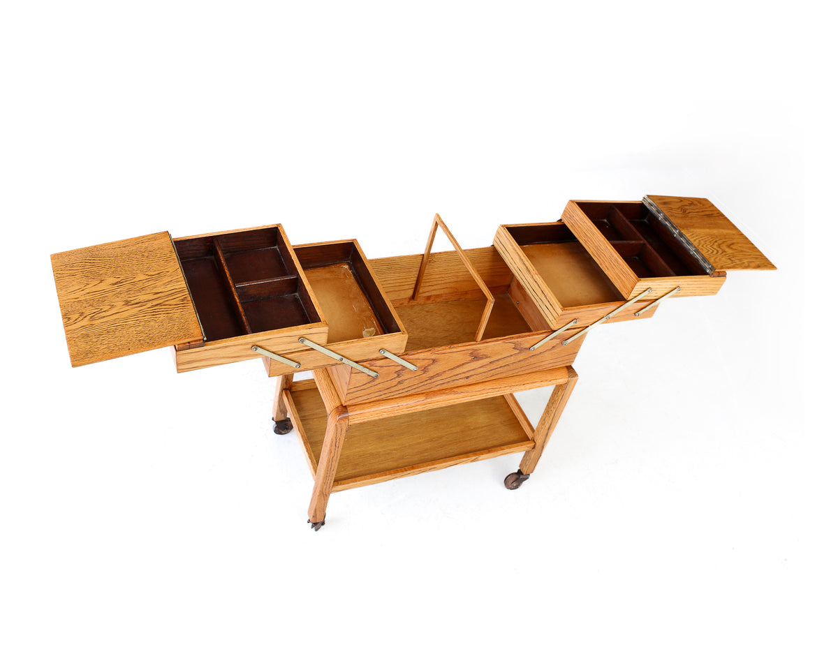 Vintage Oak Sewing Cabinet on Trolley