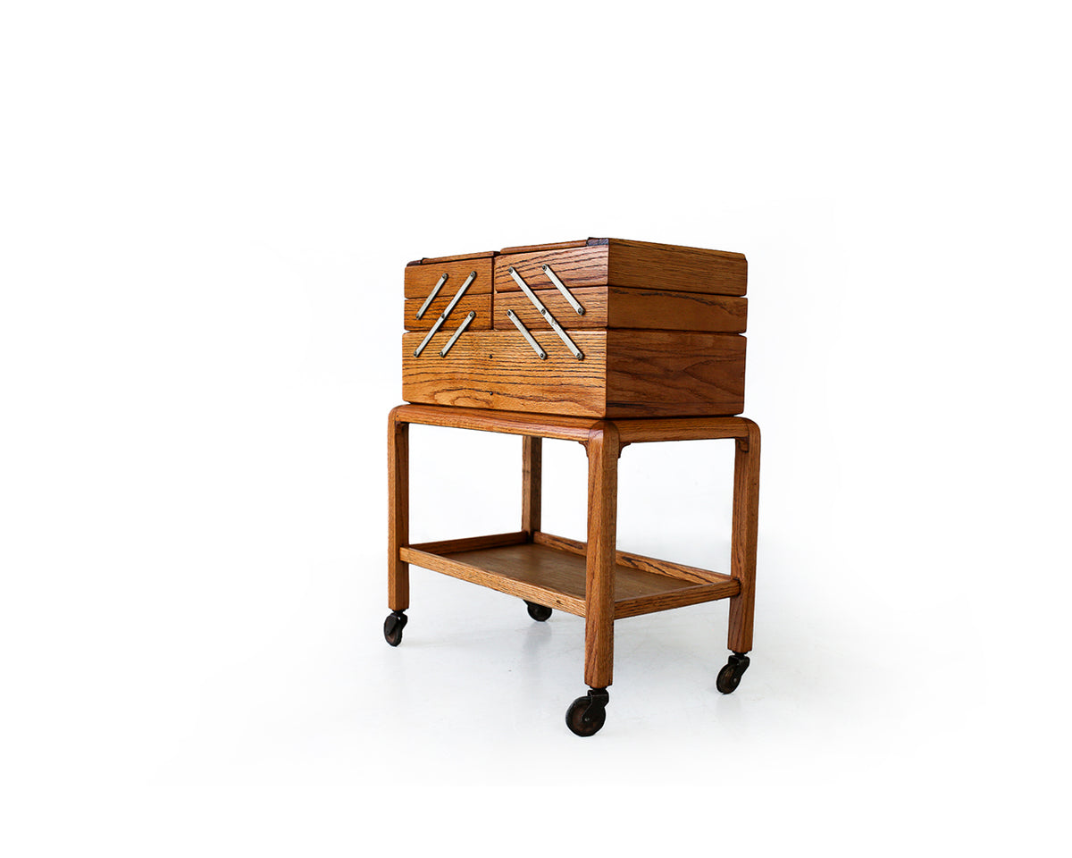 Vintage Oak Sewing Cabinet on Trolley
