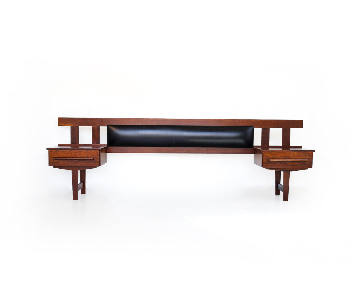 Mid-Century Imbuia Queen Headboard with Bedside Pedestals