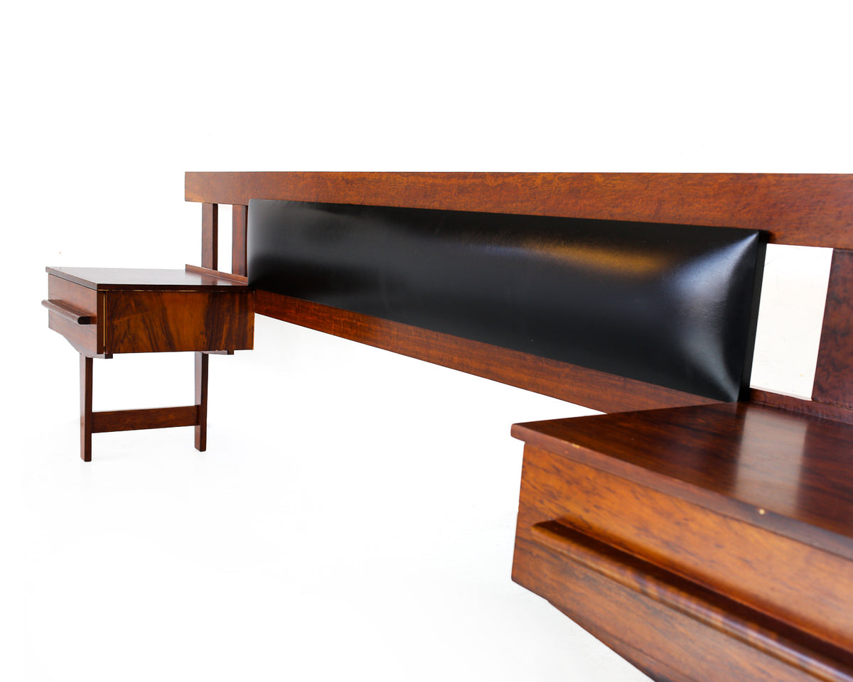 Mid-Century Imbuia Queen Headboard with Bedside Pedestals