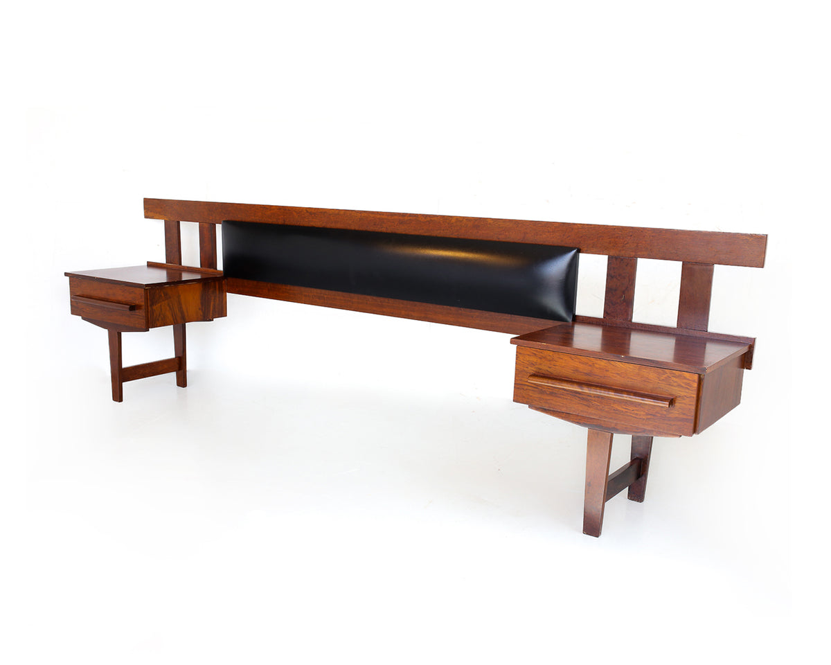 Mid-Century Imbuia Queen Headboard with Bedside Pedestals