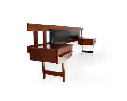 Mid-Century Imbuia Queen Headboard with Bedside Pedestals