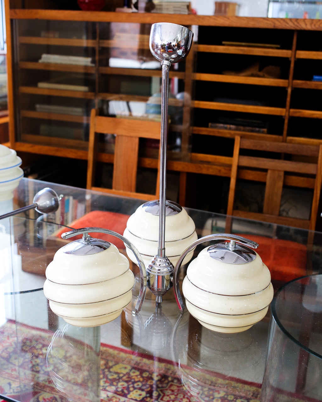 Art Deco Three-Light Chrome Pendant with Original Glass Shades