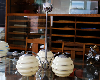 Art Deco Three-Light Chrome Pendant with Original Glass Shades