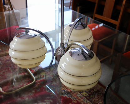 Art Deco Three-Light Chrome Pendant with Original Glass Shades