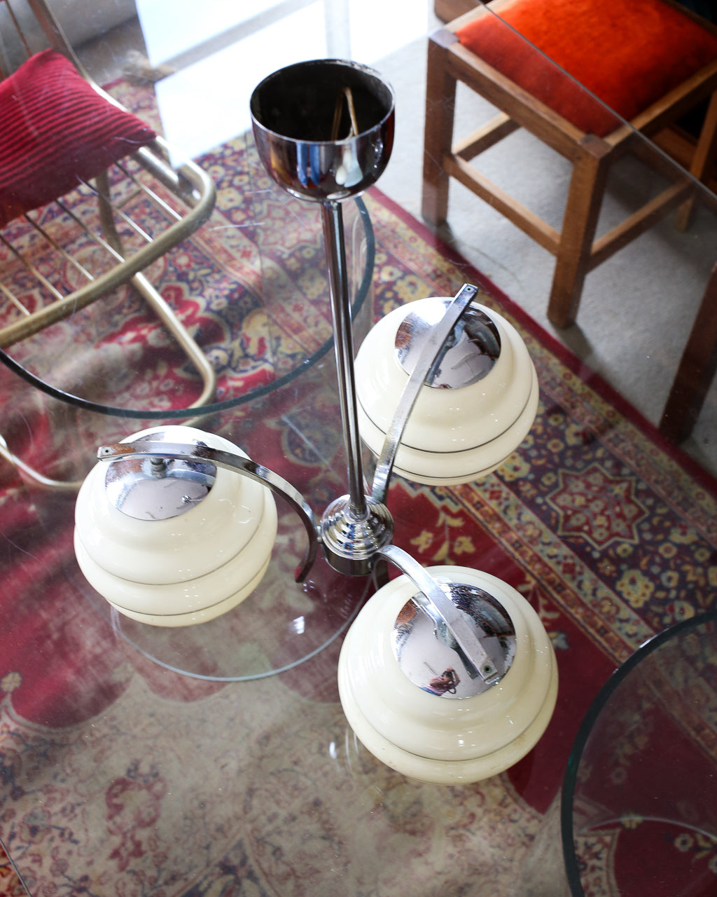 Art Deco Three-Light Chrome Pendant with Original Glass Shades