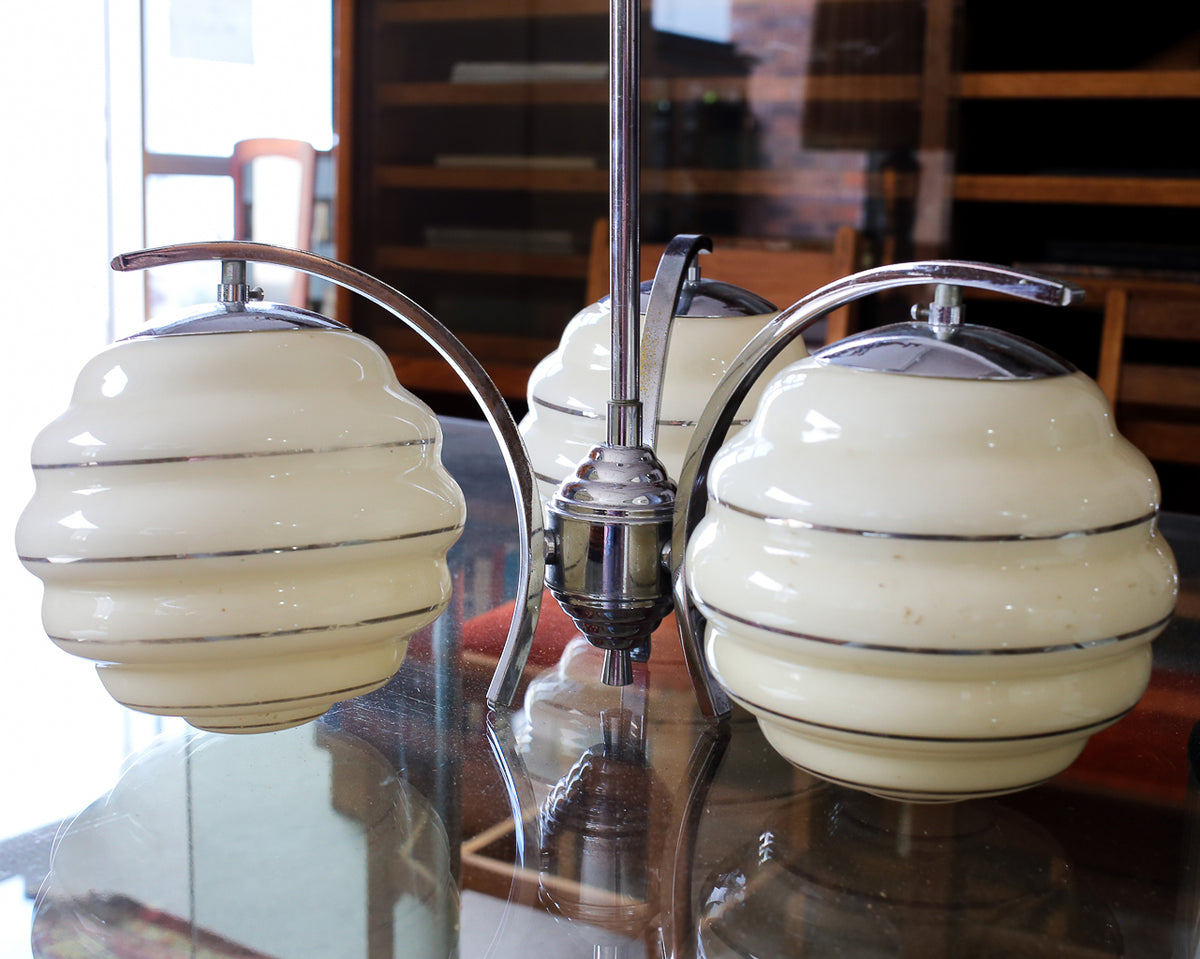 Art Deco Three-Light Chrome Pendant with Original Glass Shades