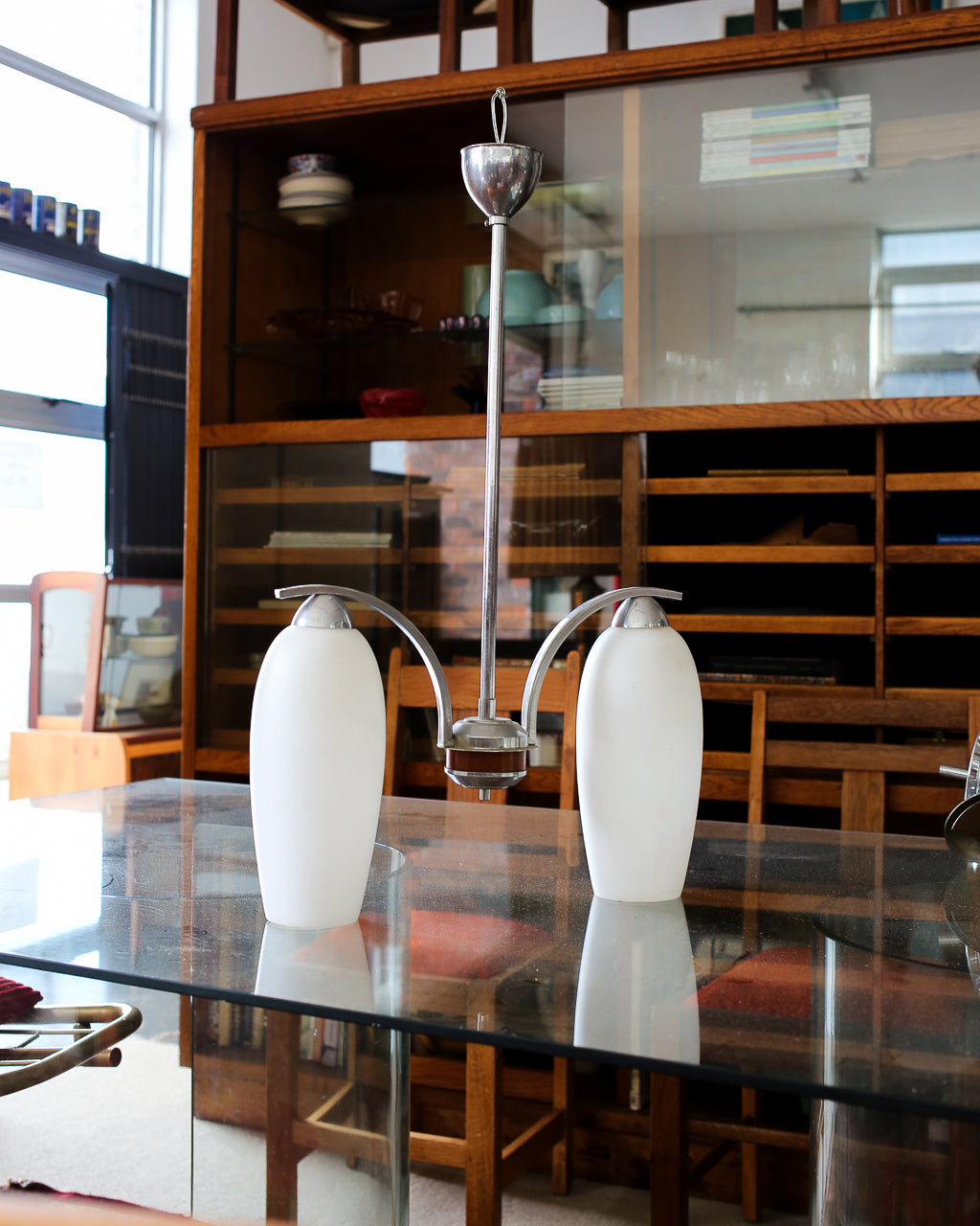 Art Deco Two-Light Pendant with Fluted Glass Shades