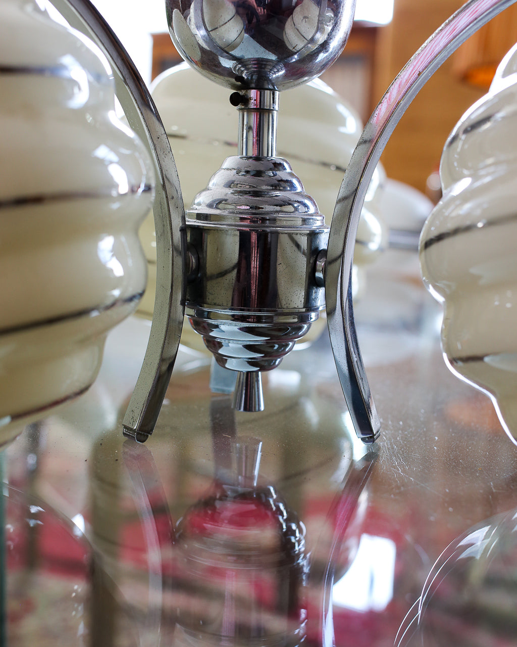Art Deco Three-Light Chrome Pendant with Original Glass Shades