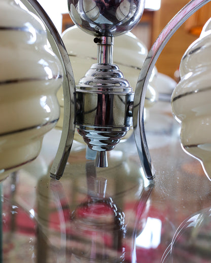 Art Deco Three-Light Chrome Pendant with Original Glass Shades