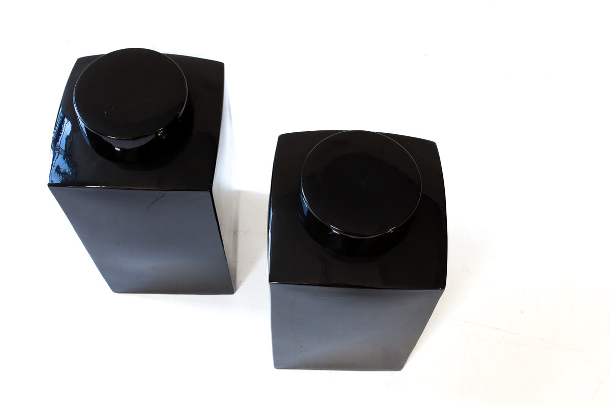 Pair of Large Black Glazed Ceramic Lidded Jars