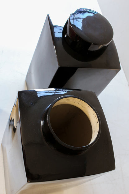 Pair of Large Black Glazed Ceramic Lidded Jars