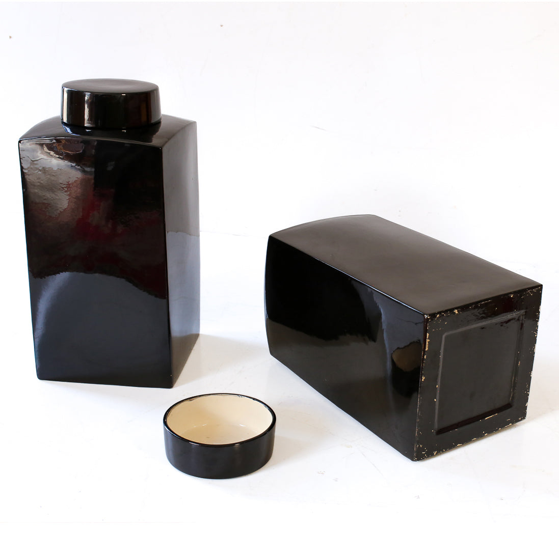 Pair of Large Black Glazed Ceramic Lidded Jars