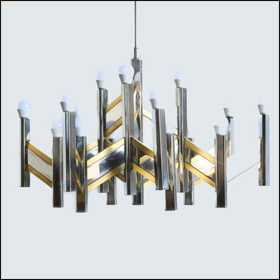 Original 1970's 15 Light Gaetano Sciolari Brass and Chrome Model Concorde Chandelier