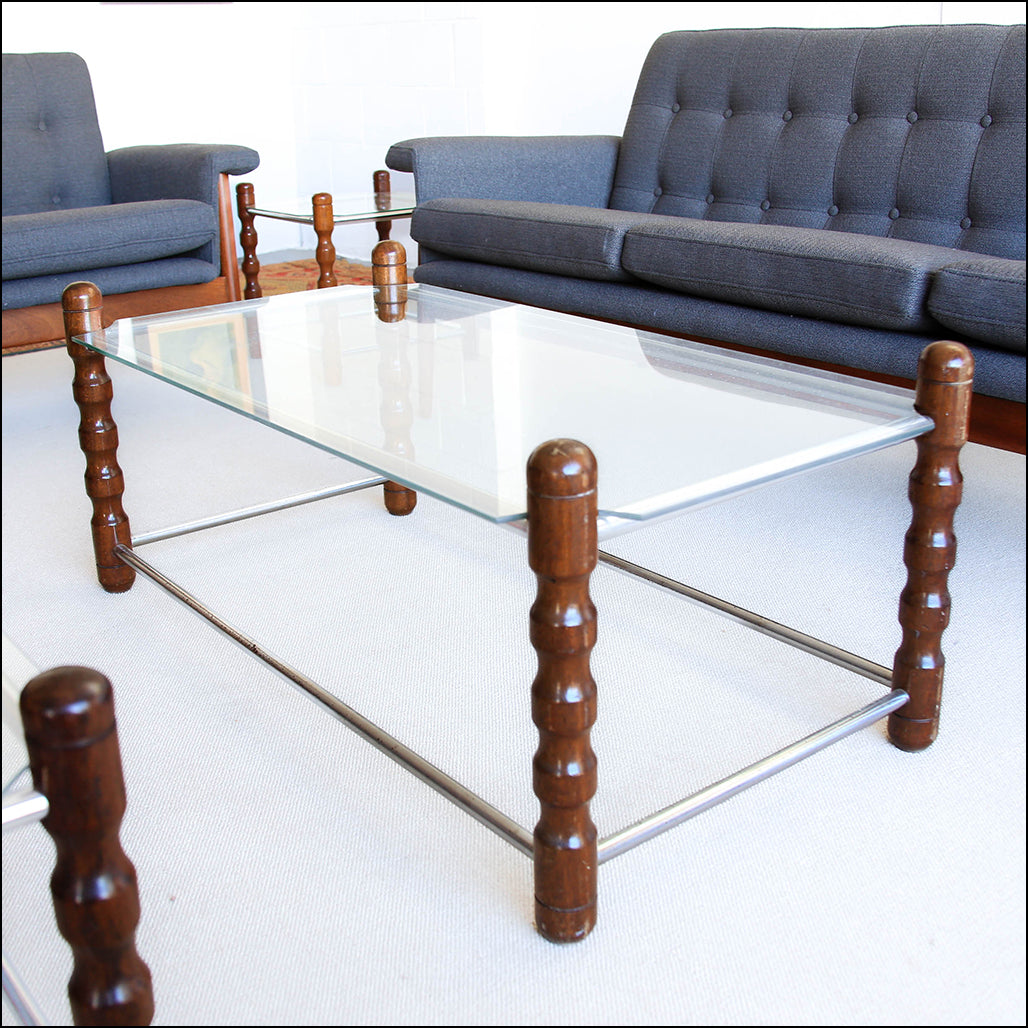 Glass, Chrome and Wood Side Tables
