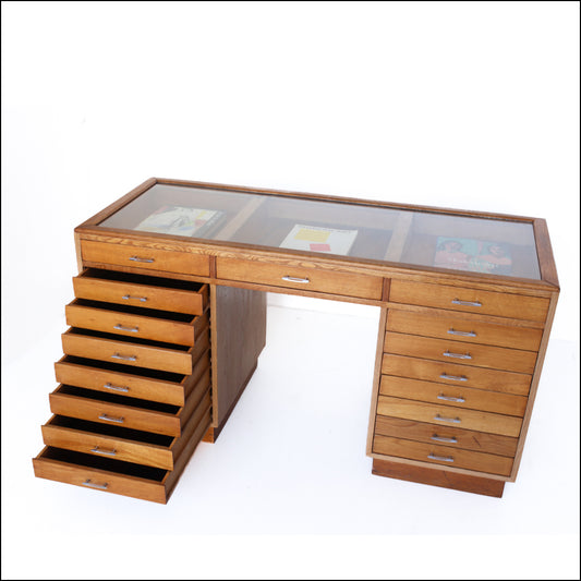 Glass Top Desk with 17 Drawers