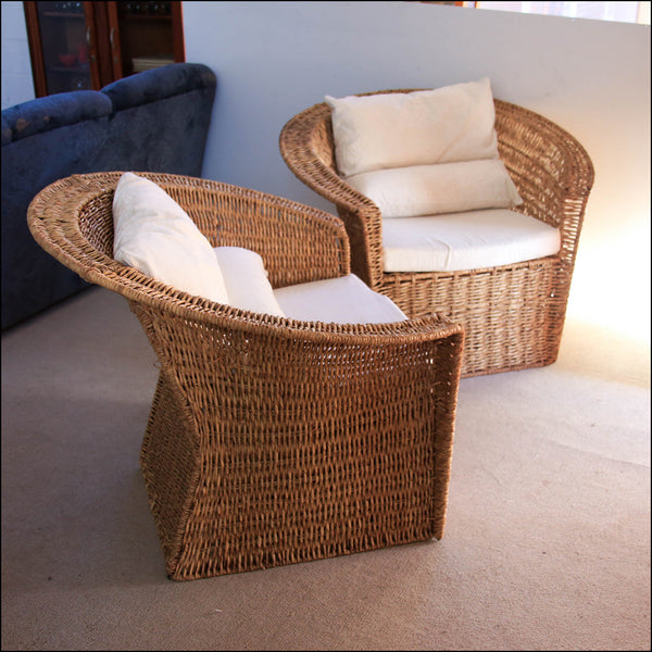 A Pair of Vintage Woven Rattan Rafia Chairs