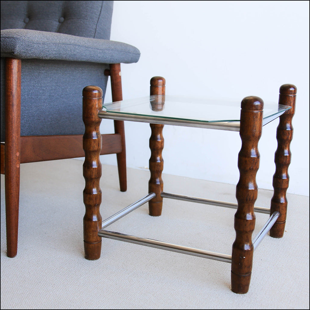 Glass, Chrome and Wood Side Tables