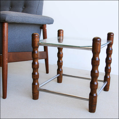 Glass, Chrome and Wood Side Tables