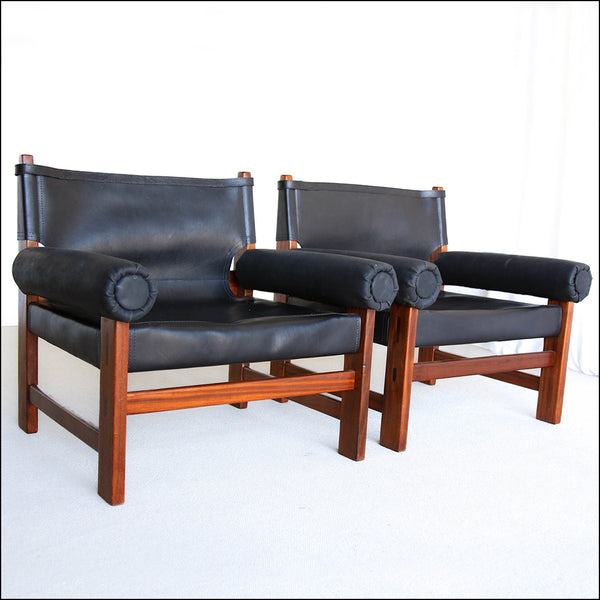 A Pair of Safari Model Leather and Mahogany Armchairs, by John Tabraham for Kallenbach's