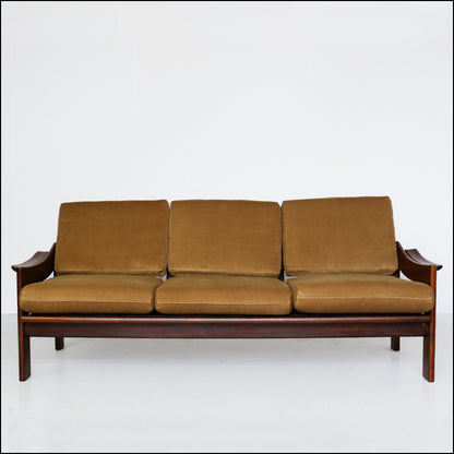 Old Gold Upholstered 1970's Sofa with an Imbuia Frame
