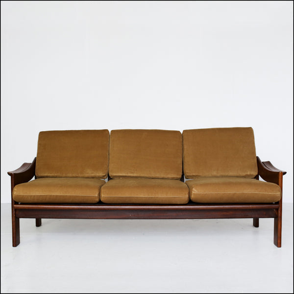 Old Gold Upholstered 1970's Sofa with an Imbuia Frame