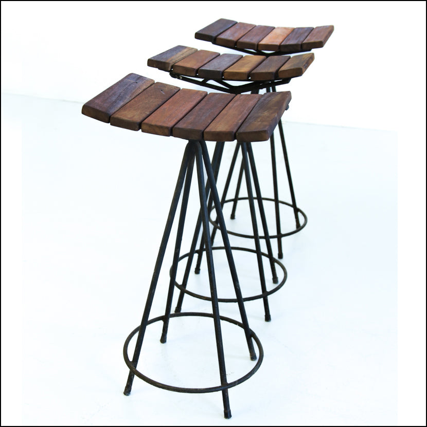 Three Wood and Steel Bar Stools
