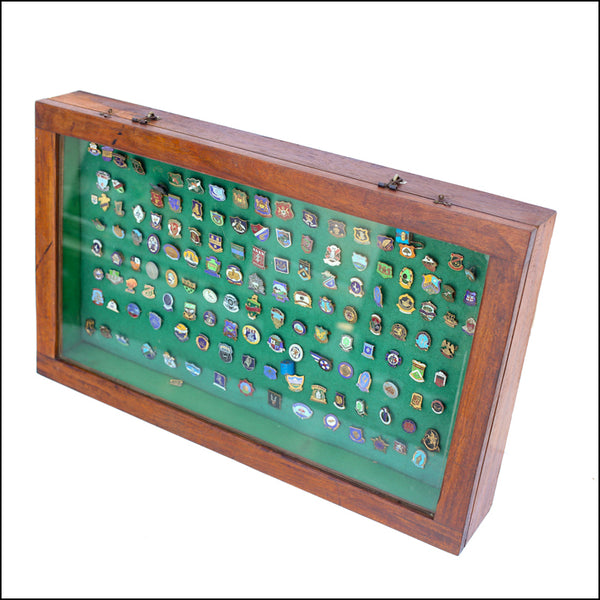 Display Cabinet with Vintage Enamel Bowling Badges