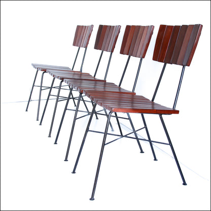 Set of Four Steel and Slatted Wood Kitchen Chairs