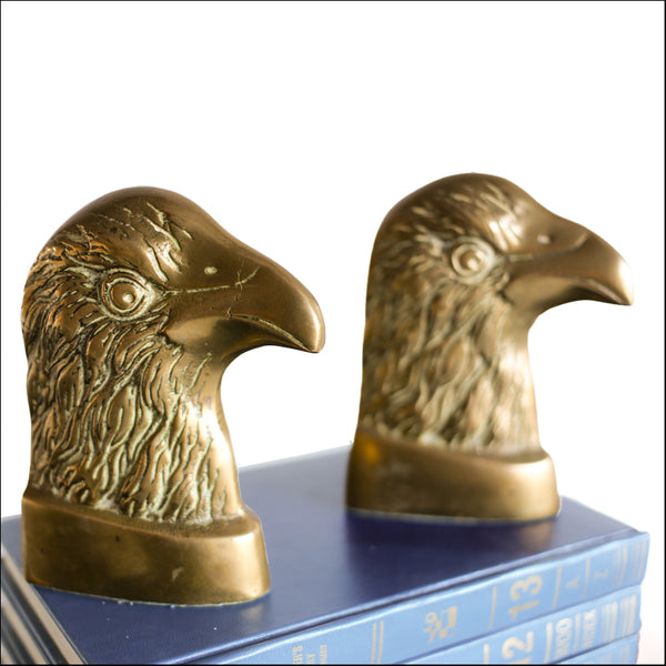 Vintage Solid Brass Eagle Head Figurine Bookends