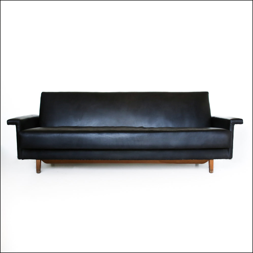Mid-century Danish Sleeper Couch in Black Leather