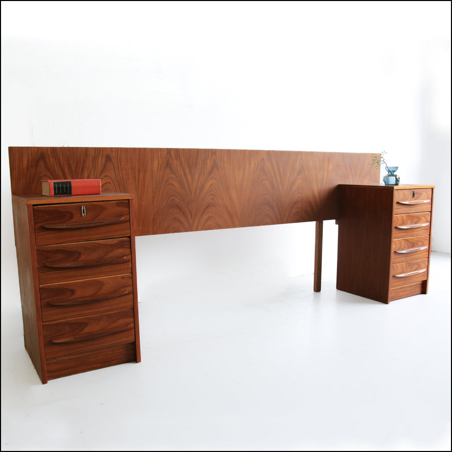Mid-Century Queen Headboard with Two Drawer Pedestals