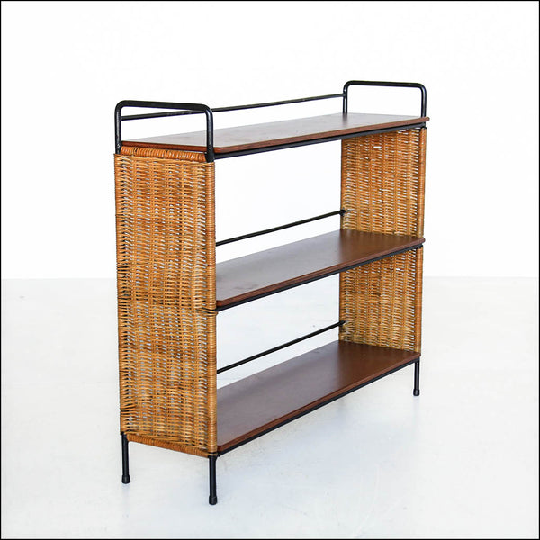 Mid-Century Cane, Steel and Wood Shelf