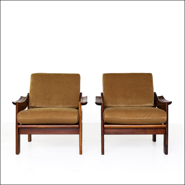 A Pair of Old Gold 1970's Armchairs with Imbuia Frames