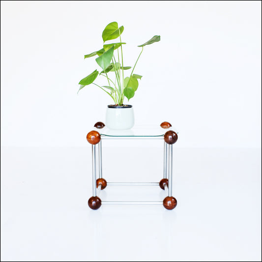 Sputnik Glass, Wood and Chrome Side Table