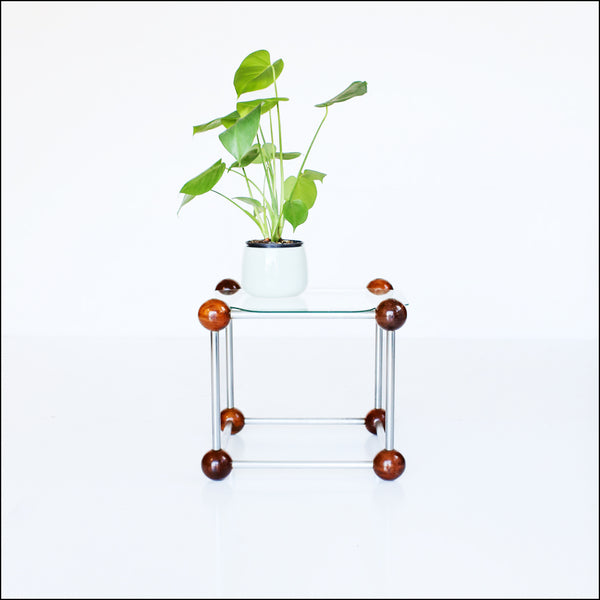 Atomic Glass, Wood and Chrome Side Table