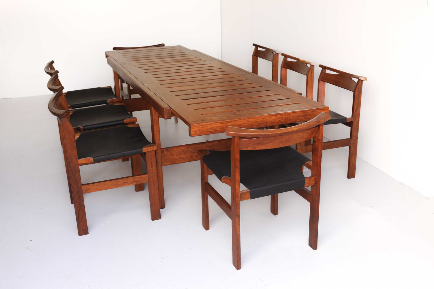 Rare Extendable Kiaat Dining Table with Eight Chairs by John Tabraham for Kallenbach