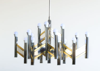 Original 1970's 15 Light Gaetano Sciolari Brass and Chrome Model Concorde Chandelier