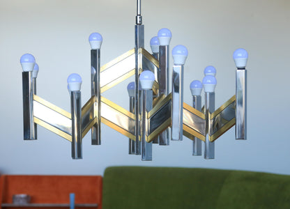 Original 1970's 15 Light Gaetano Sciolari Brass and Chrome Model Concorde Chandelier