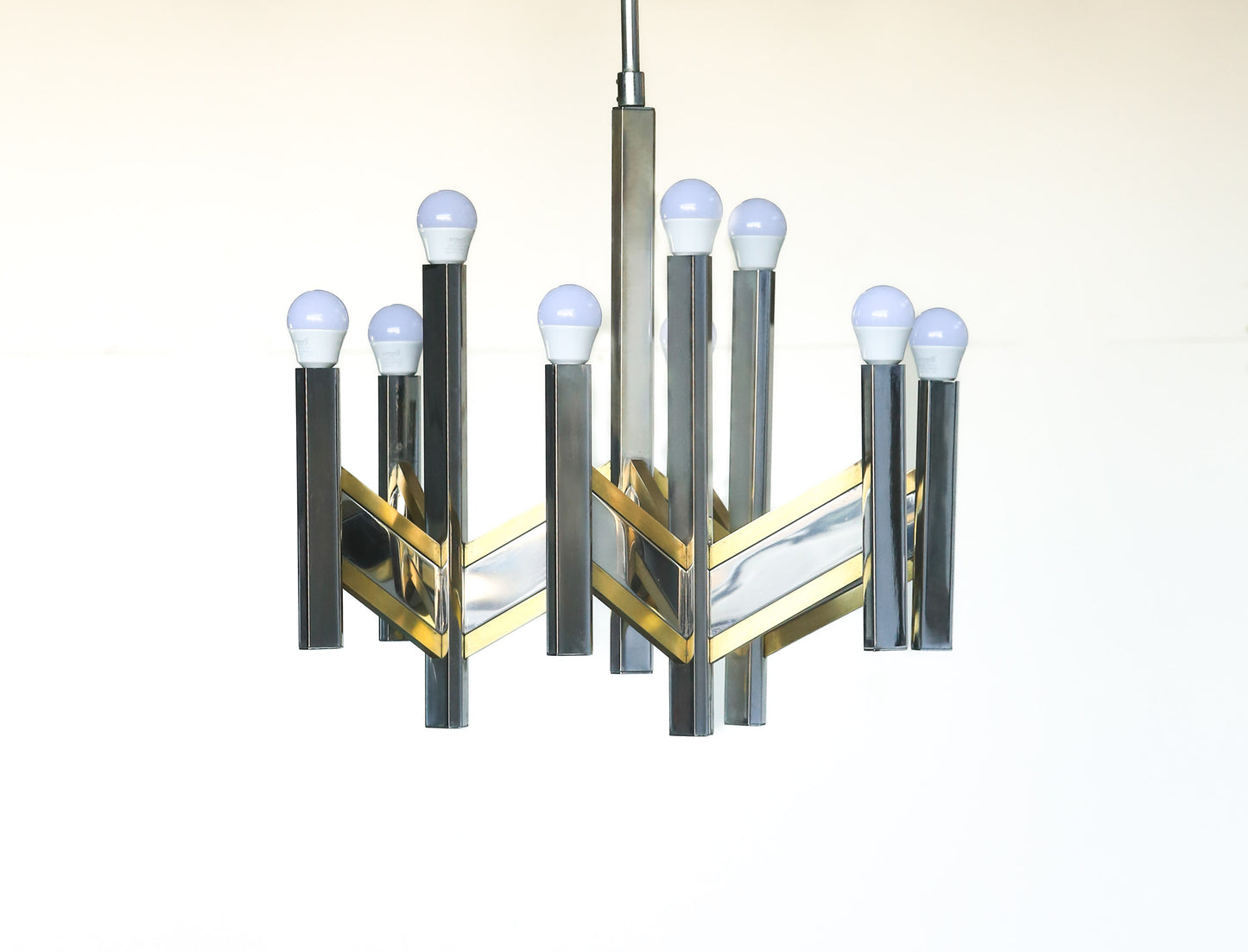 Original 1970's 9 Light Gaetano Sciolari Brass and Chrome Model Concorde Chandelier